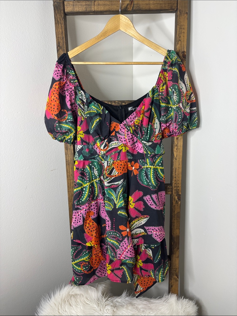 Crystal Doll Black Multi Floral Puff-Sleeve Mini Dress Size XL